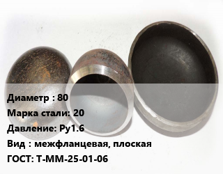 Заглушка стальная 80 Сталь: 20 Ру1.6 межфланцевая, плоская ГОСТ: Т-ММ-25-01-06, шт, с рукояткой цена от 2923 ₼ / шт, где купить, условия доставки в Баку и Бакинская области